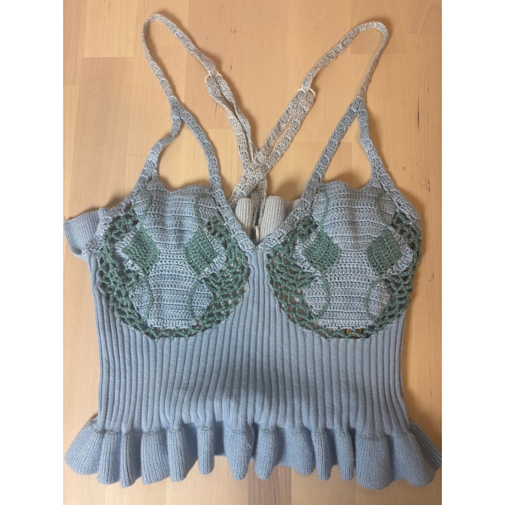 House of Sunny Palma Crochet Top FLAW Blue Green Knit Ruffle Cami Top US 2